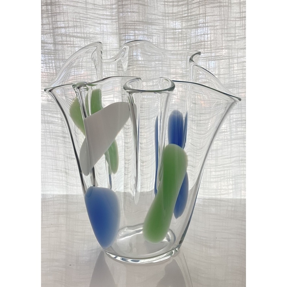 Murano Style Studio Art Glass Vase Modern Ruffled  Rim Green Blue White Large‎